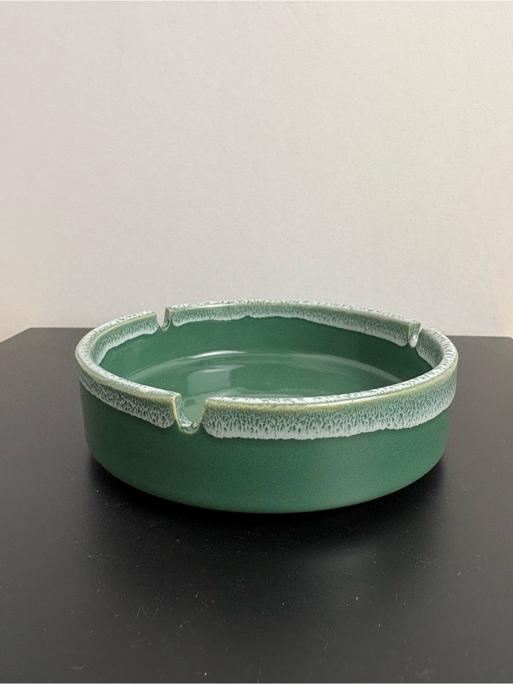 Green Ceramic Ashtray with White Drip Glaze Rim.  Designed in Mid-Century Style.